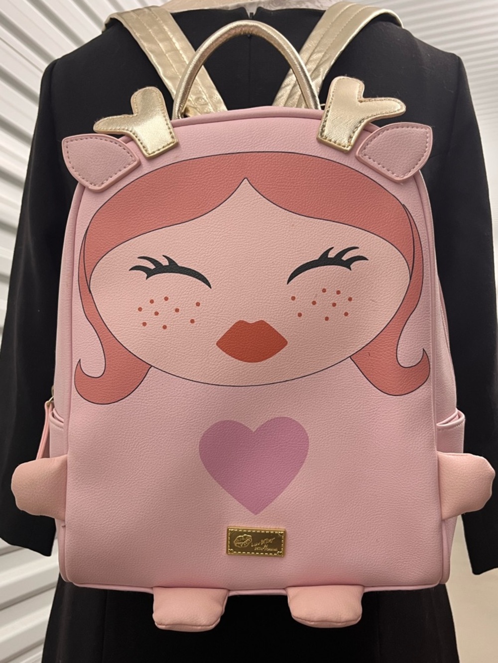Betsey Johnson Pink Doll Face Heart Backpack with Gold Accents